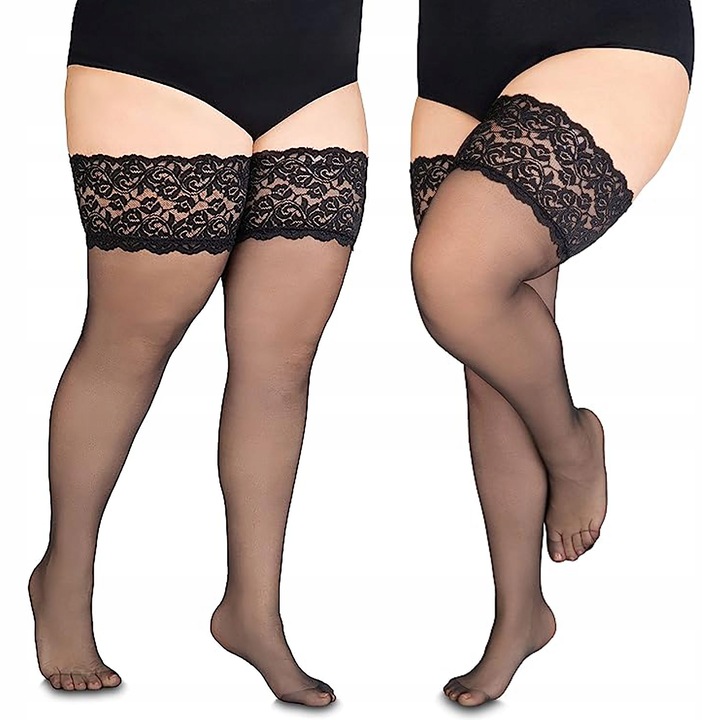 POŃCZOCHY SAMONOŚNE PLUS SIZE CZARNE NYLONOWE SEXY