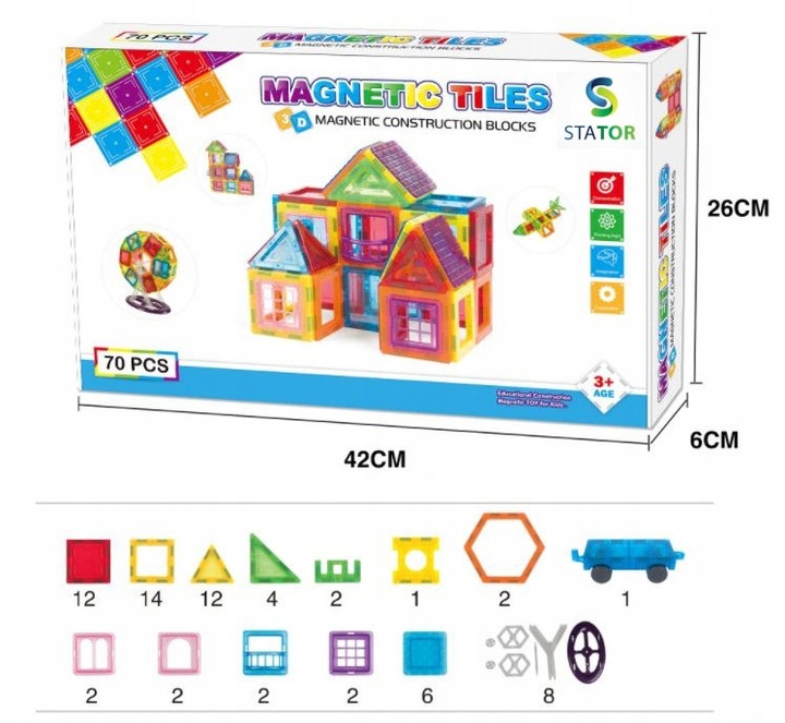 DUŻE Klocki Magnetyczne 3D Konstrukcyjne Magnetic Tiles 70 el. Edukacja