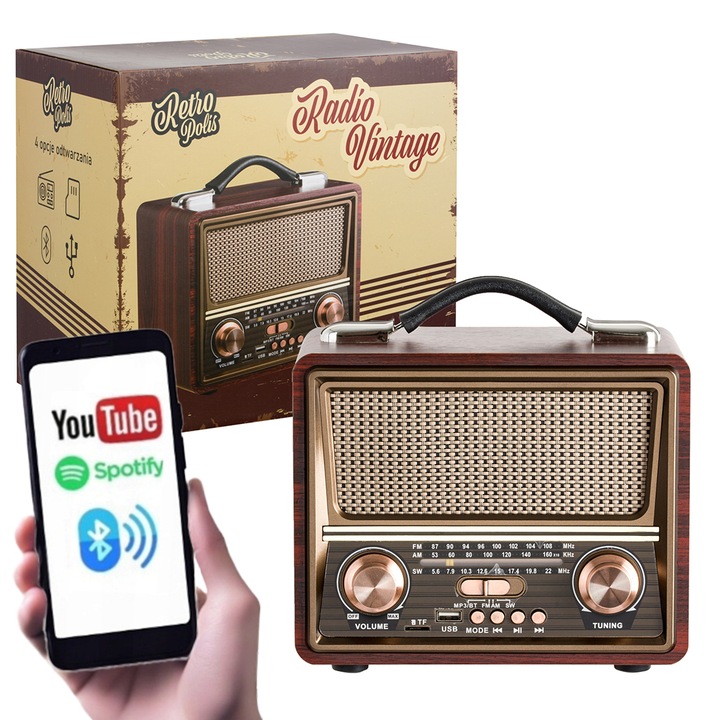 Radio sieciowo-bateryjne AM FM SW Retropolis Seattle Bluetooth USB