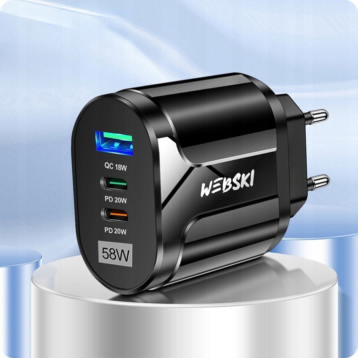 SIECIOWA ŁADOWARKA 3 PORTY USB 58W 2xUSB-C PD 20W +USB QuickCharge 3.0 18W