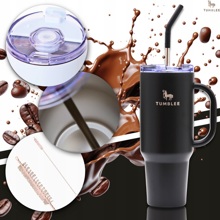 DUŻY Kubek Termiczny ze STALOWĄ SŁOMKĄ do Auta na Kawę Herbatę Zimne Napoje