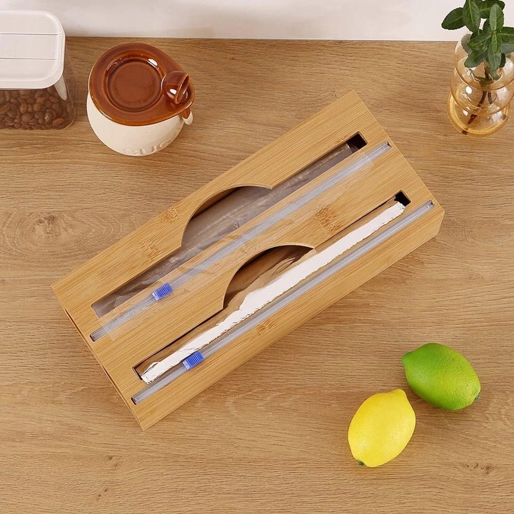DOZOWNIK BAMBUSOWY DO FOLII SPOŻYWCZEJ Z OBCINACZEM KUCHENNY DWUKOMOROWY