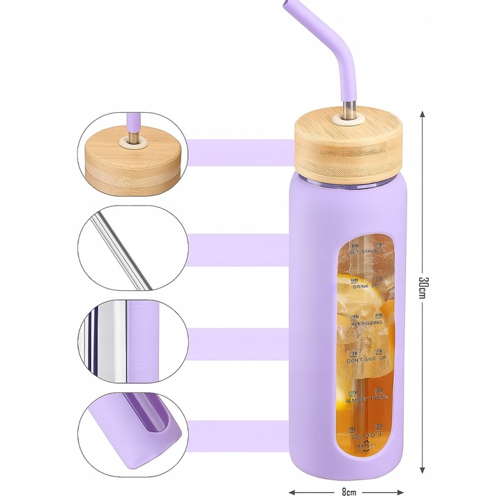 Szklana butelka na wodę z motywywacją miarką z 2 słomkami bidon z