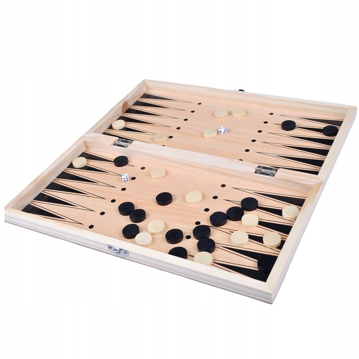 SZACHY DREWNIANE WARCABY TRYKTRAK GRA 3w1 KLASYCZNA PLANSZOWA DUŻE 34CM