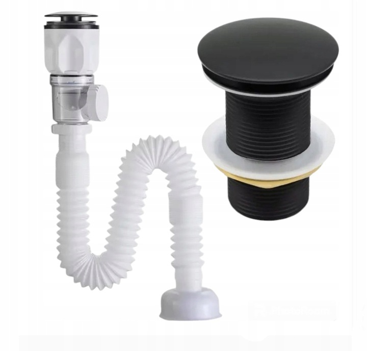 ZESTAW: SYFON UMYWALKOWY DO UMYWALKI + KOREK KLIK-KLAK BEZ PRZELEWU CZARNY