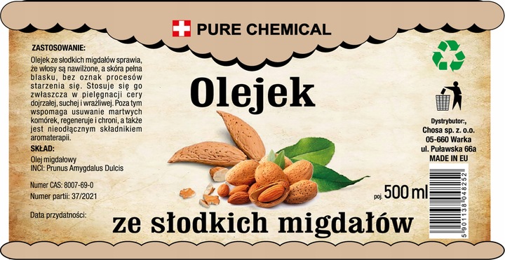 OLEJ MIGDAŁOWY ZE SŁODKICH MIGDAŁÓW + DOZOWNIK 500ml 0,5l