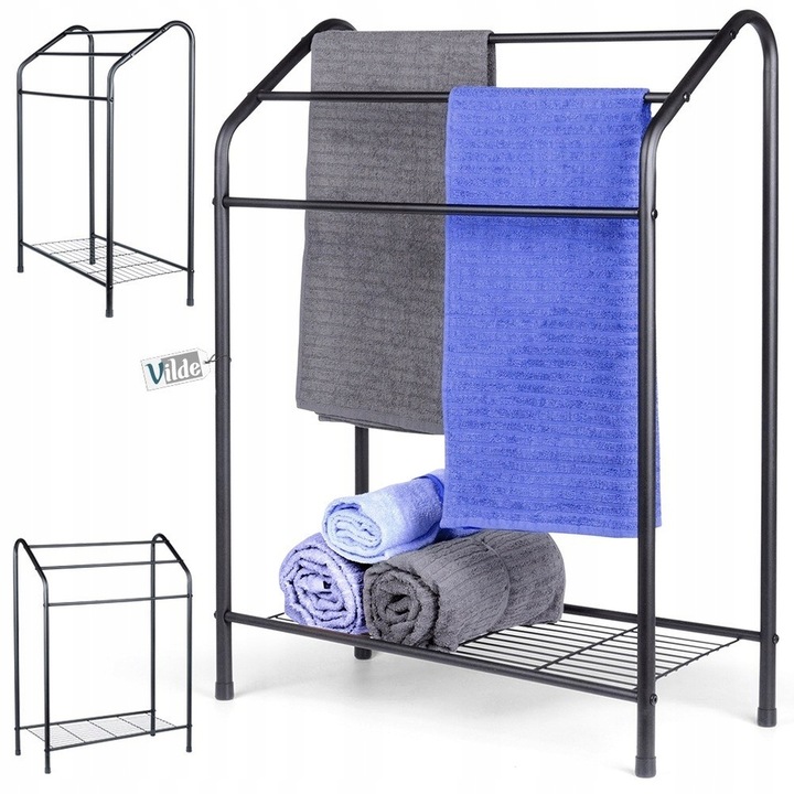 Stojak NA RĘCZNIKI wieszak łazienkowy podłogowy stojący czarny + półka