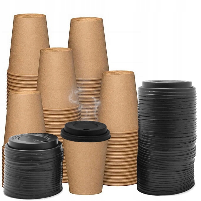 Kubeczki KRAFT 250 ml + przykrywki wieczka czarne 100 szt