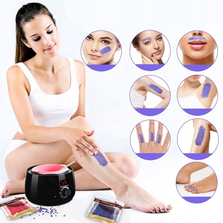 Zestaw do depilacji PODGRZEWACZ 500ml 100W 5x wosk twardy LED wyświetlacz