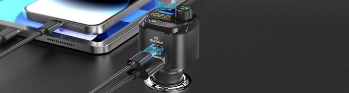 Transmiter bluetooth FM samochodowy SZYBKA ładowarka PD 23W QC3.0 USB-C LED