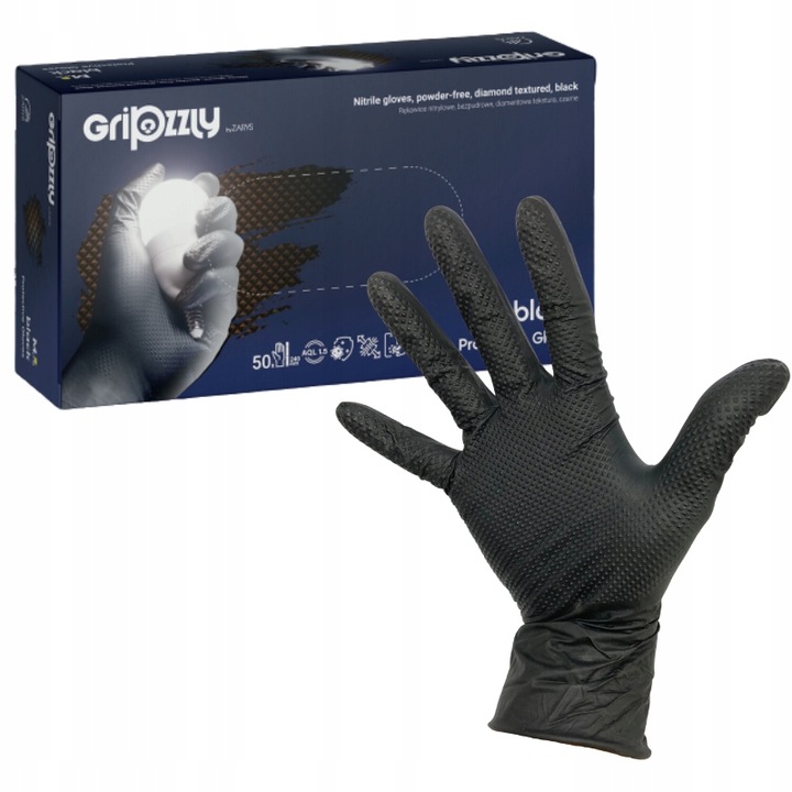Rękawiczki robocze NITRYLOWE czarne AQL 1.5 GRIPZZLY Black r.L 50 szt.