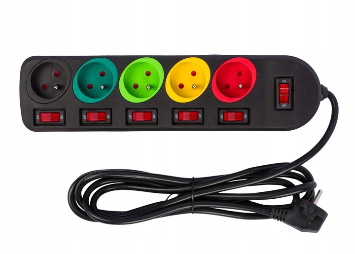 Przedłużacz Listwa Zasilająca Sieciowa 5 Gniazd 230V 3M kolorowy on/of
