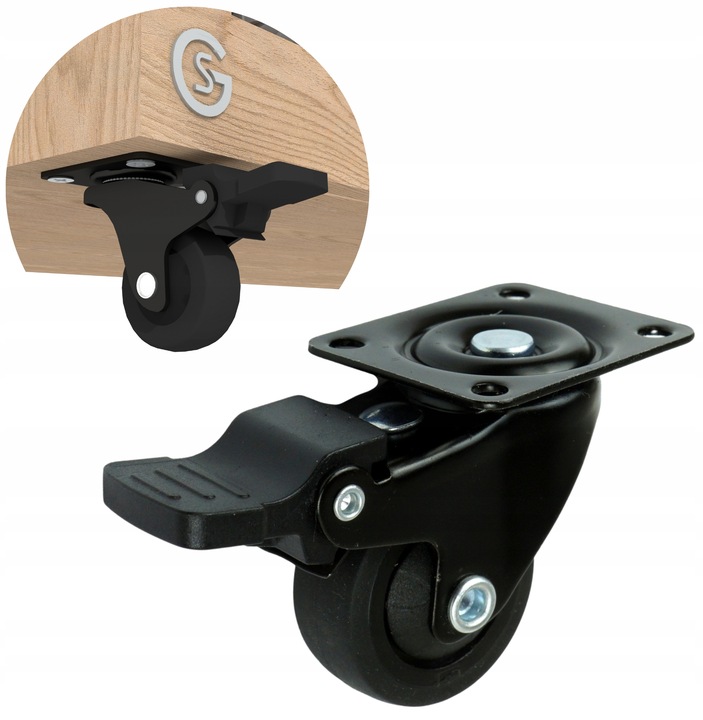 Kółko meblowe obrotowe, czarne, hamulec - zestaw