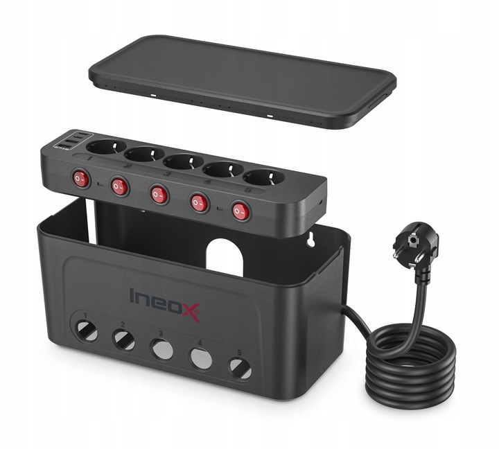 Listwa Zasilająca Organizer Na Przewody 5x AC + 4x USB Ineox LZO-1B Czarny