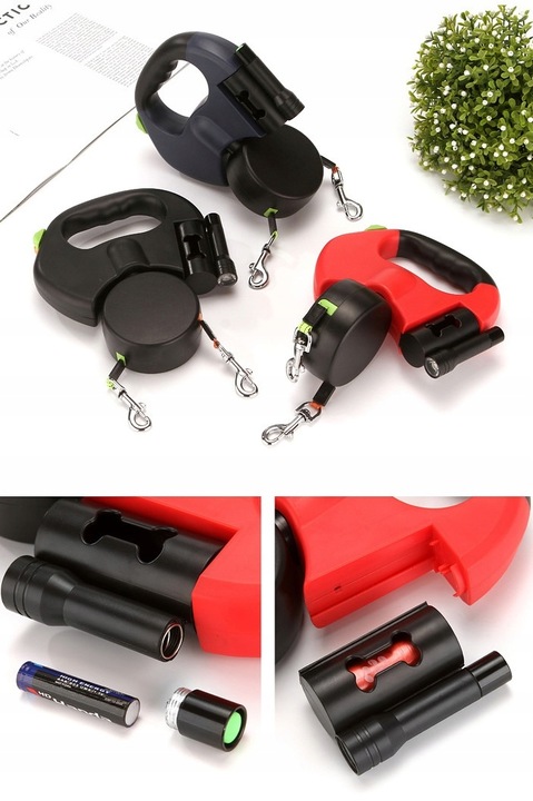 SMYCZ DLA PSA PODWÓJNA AUTOMATYCZNA NA 2 PSY Z BLOKADĄ LATARKA WORECZKI 3M