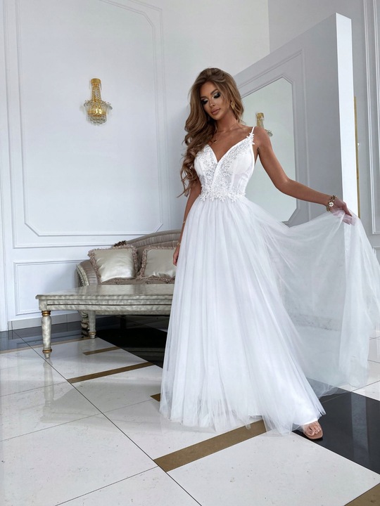 Ilona BIAŁA DŁUGA SUKIENKA z GIPIURĄ ślubna M