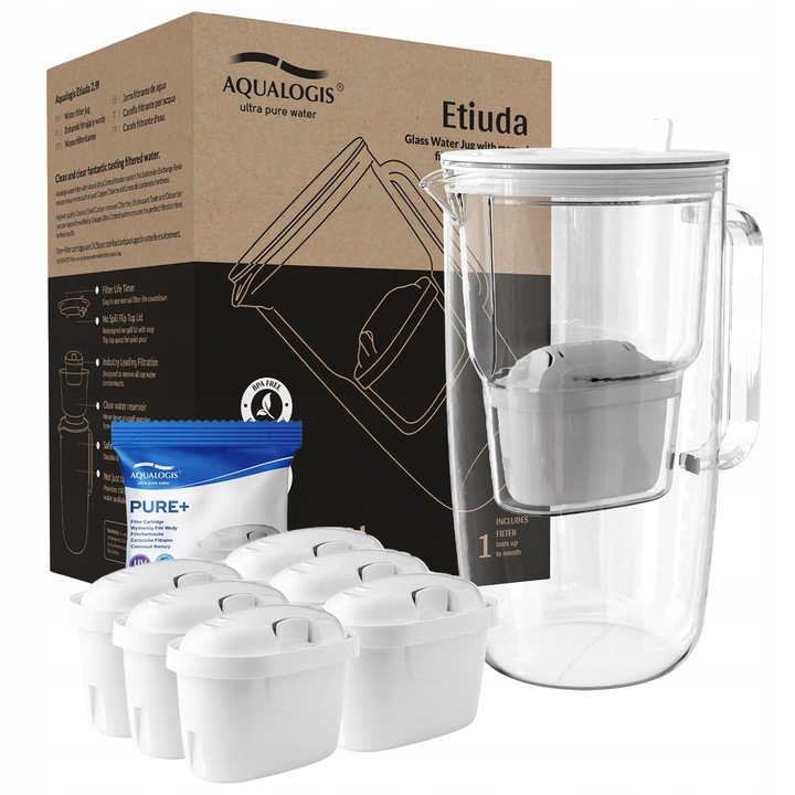 Dzbanek Filtrujący Szklany Biały Etiuda + 6 wkładów Pure+ Do Wody