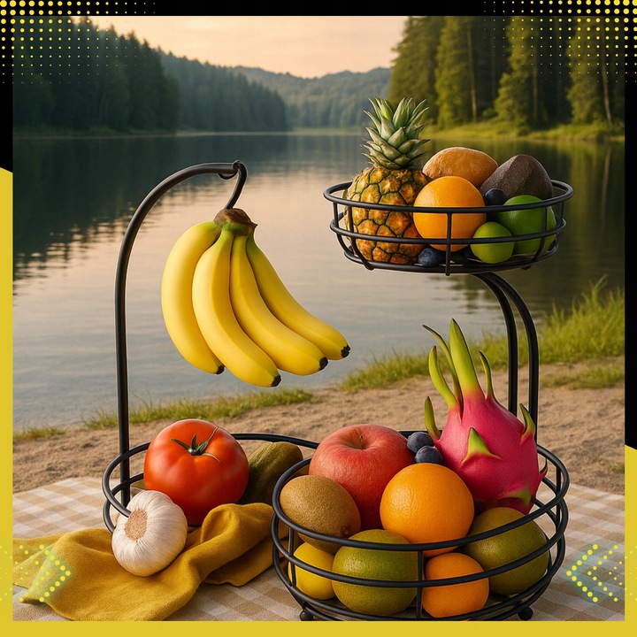 KOSZ NA OWOCE I WARZYWA Koszyk Stojak Piętrowy Czarny Dwupoziomowy