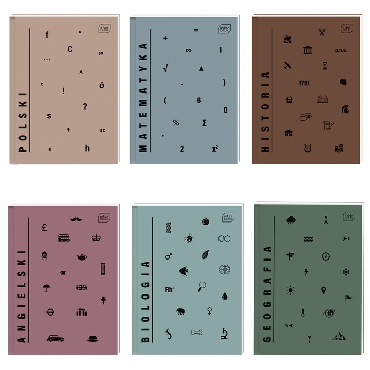 Komplet 6 szt Brulion tematyczny A5 zeszyty przedmiotowy TWARDA OKŁ zestaw