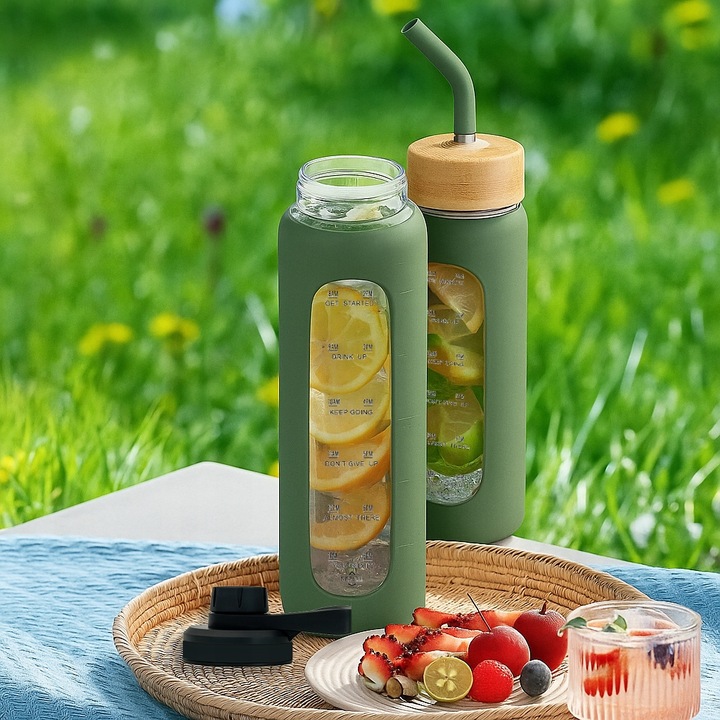 Szklana butelka na wodę z motywacją miarką z 2 słomkami bidon z ustnikiem