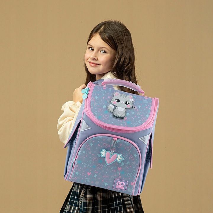TORNISTER SZKOLNY PLECAK DLA DZIEWCZYNEK SZARY Z KOTKIEM GoPack