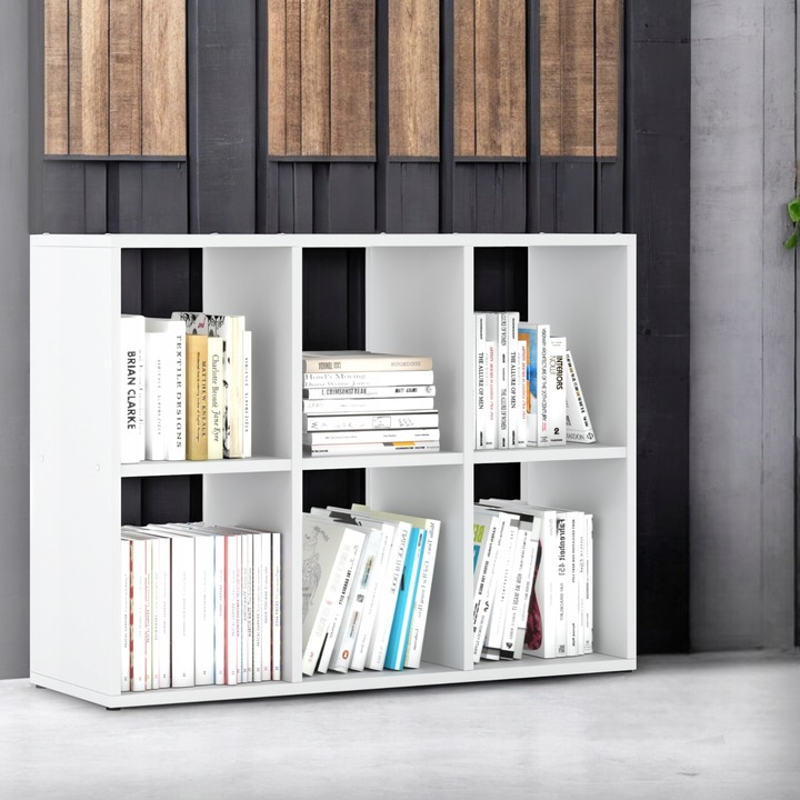 REGAŁ NA KSIĄŻKI BIAŁY OTWARTY 6 POJEMNYCH DREWNIANYCH PÓŁEK NA