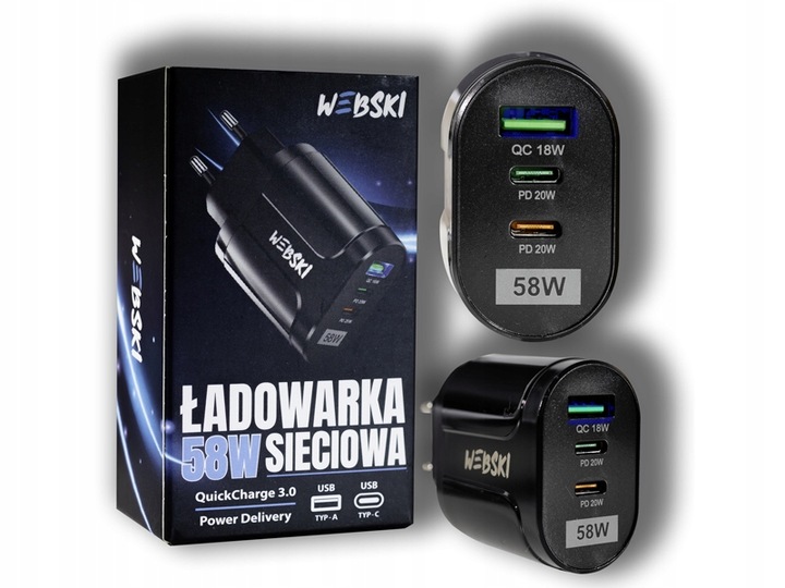 SIECIOWA ŁADOWARKA 3 PORTY USB 58W 2xUSB-C PD 20W +USB QuickCharge 3.0 18W