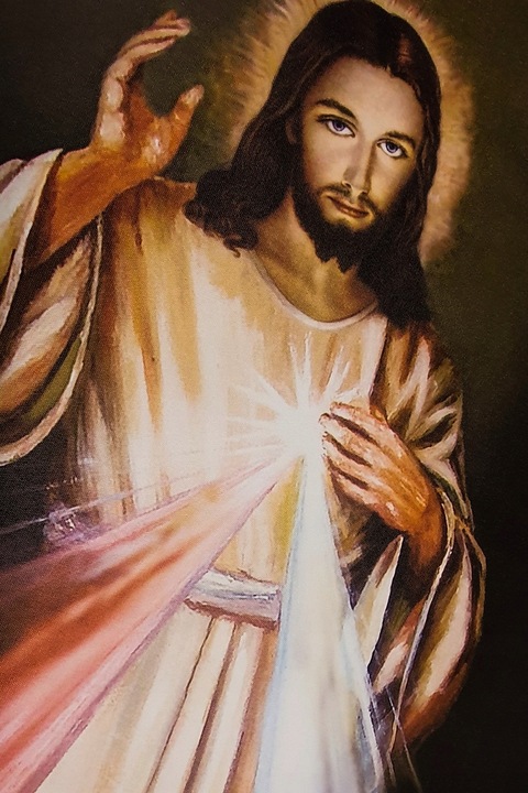 OBRAZ NA PŁÓTNIE JEZU UFAM TOBIE JEZUS MIŁOSIERNY KOMUNIA 30x40cm