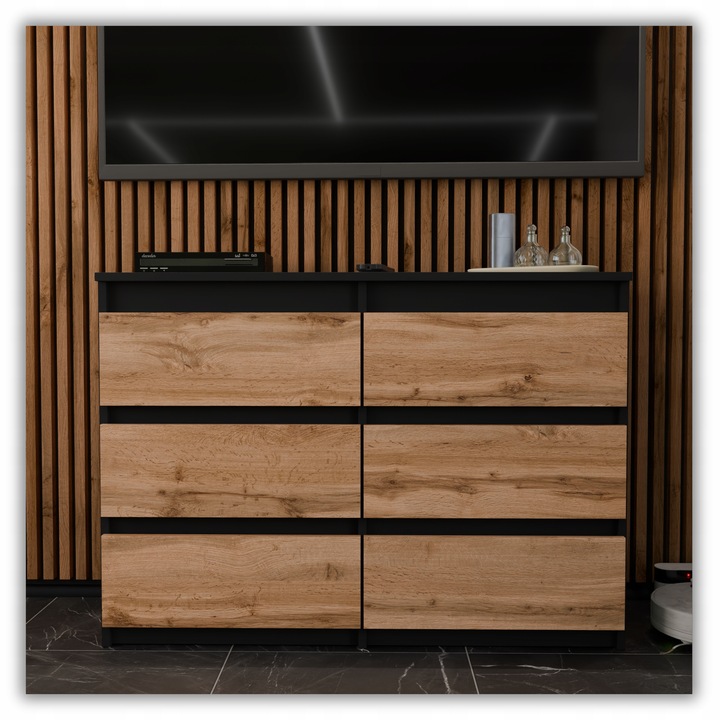 KOMODA Z 6 SZUFLADAMI 100 CM CZARNA DĄB WOTAN POJEMNA SZAFKA RTV LOFT