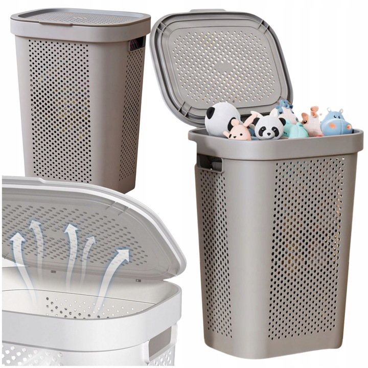 Kosz na Pranie Bieliznę Duży Kufer 60l Szary Pojemnik Plastikowy z