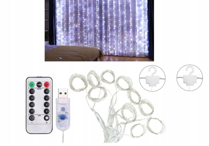 KURTYNA ŚWIETLNA kurtyna LED 2x2 m 200 LED USB pilot+ haczyki BIAŁY ZIMNY