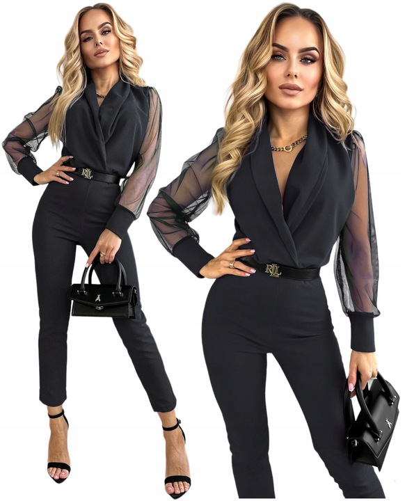 Elegancki KOMBINEZON DAMSKI kopertowy dekolt tiulowy rękaw