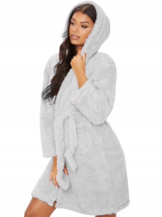 Szlafrok Damski Ciepły Miękki Gruby z Kapturem Szary Wiązany W Talii Zimowy