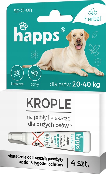 HAPPS Herbal krople na pchły i kleszcze dla psów dużych 20-40 kg, 4x4 ml