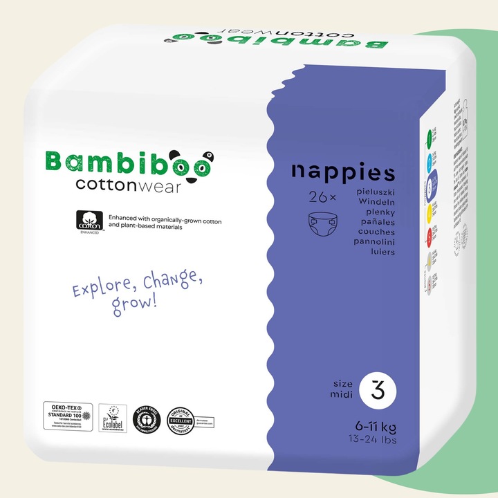 PIELUSZKI BAMBIBOO PIELUCHY COTTONWEAR r. 3 MIDI Jednorazowe 6-11kg 26szt.