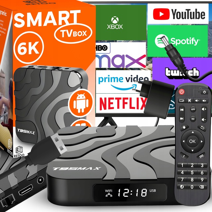 SMART TV BOX T95MAX ANDROID 9 64BIT 6K WIFI HDR USB 3.0 + PILOT KABEL