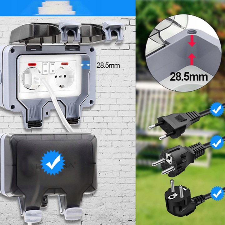 PODWÓJNE GNIAZDKO IP66 OGRODOWE ZEWNĘTRZNE WODOSZCZELNE GNIAZDO 230V