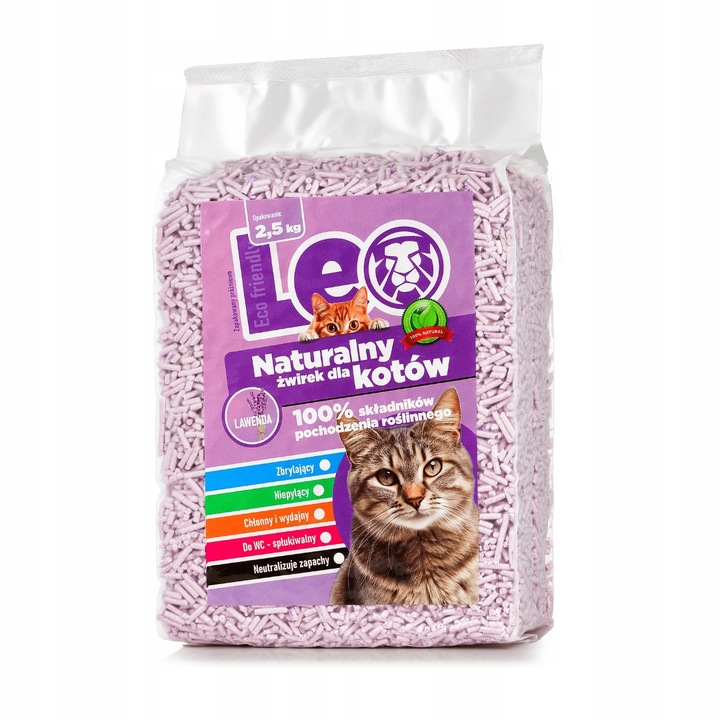 Żwirek dla kota tofu Leo zbrylający biodegradowalny eko 2,5 kg lawenda