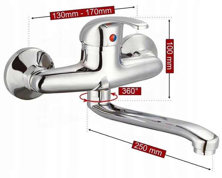 BATERIA UMYWALKOWA ŁAZIENKOWA ŚCIENNA OBROTOWA KRAN DŁUGA WYLEWKA CHROM