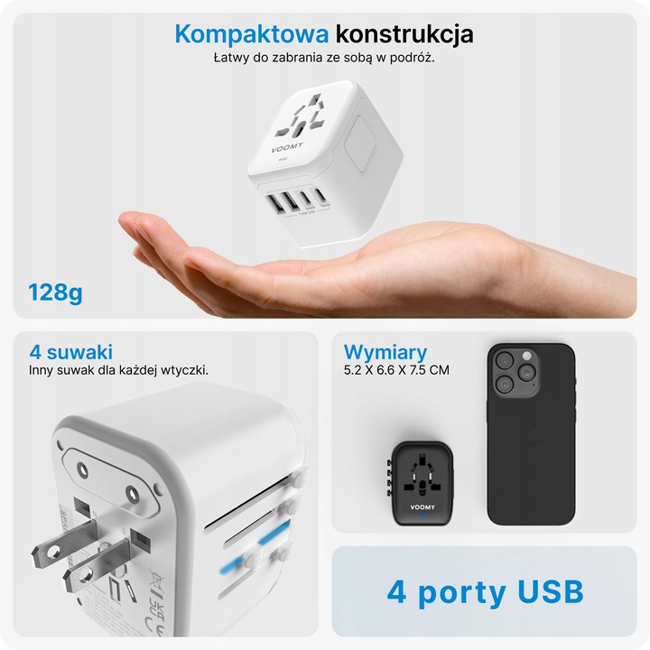 Adapter Podróżny VOOMY Z Ponad 170 Narodów - 2 Usb A 2 Usbc Biały