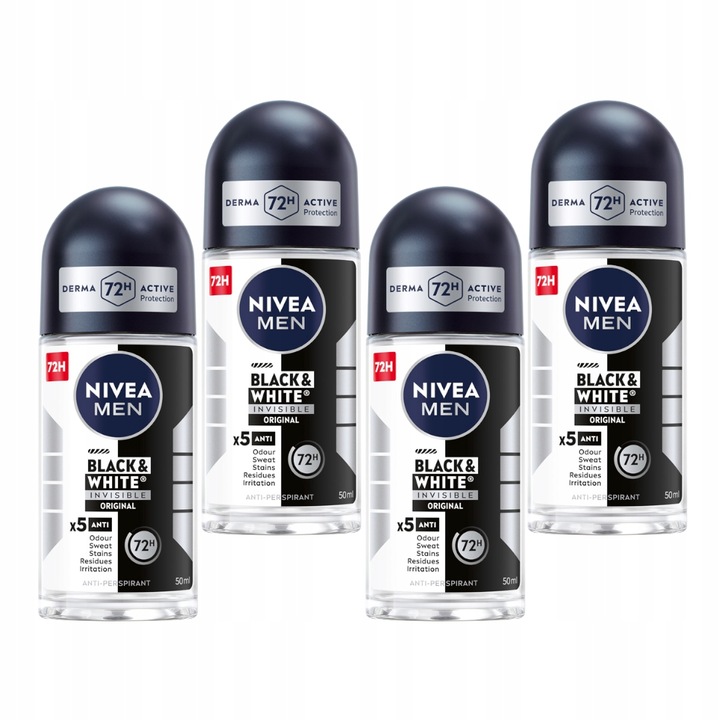 4 x NIVEA MEN Black&White Invisible Original Antyperspirant Roll On, 50 ml