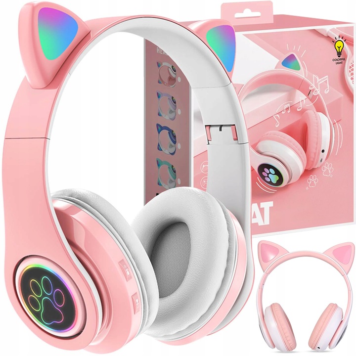 SŁUCHAWKI BEZPRZEWODOWE Z MIKROFONEM KOLOROWE KOCIE USZY LED DLA