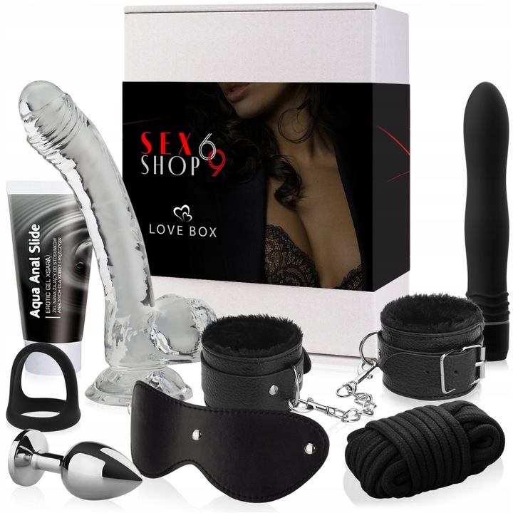 ZESTAW SEX GADŻETÓW wibrator dildo anal plug kajdanki LOVE BOX na prezent