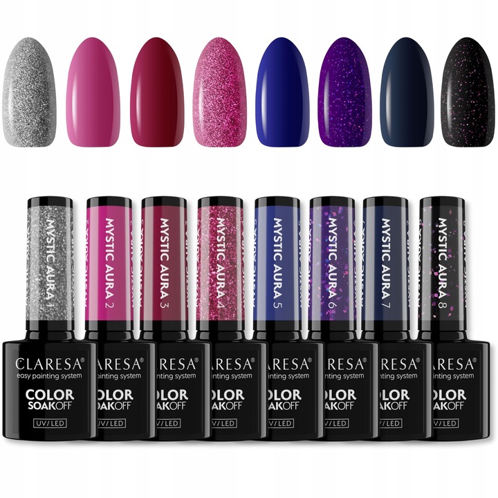 CLARESA MYSTIC AURA 1-8 LAKIER HYBRYDOWY ZESTAW KOLEKCJA 8 szt. TPO FREE
