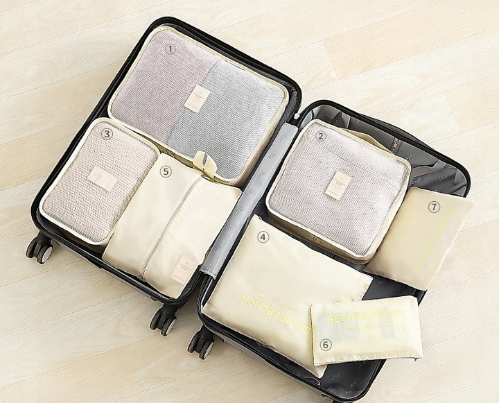 ORGANIZER DO WALIZKI PODRÓŻNY POJEMNY ZESTAW TORBY SZAFY PRANIE 7szt. Krem