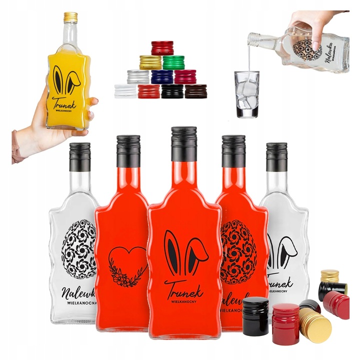 5x Butelki Szklane na WIELKANOC FALA 500ml z NADRUKIEM Na Likiery Nalewki