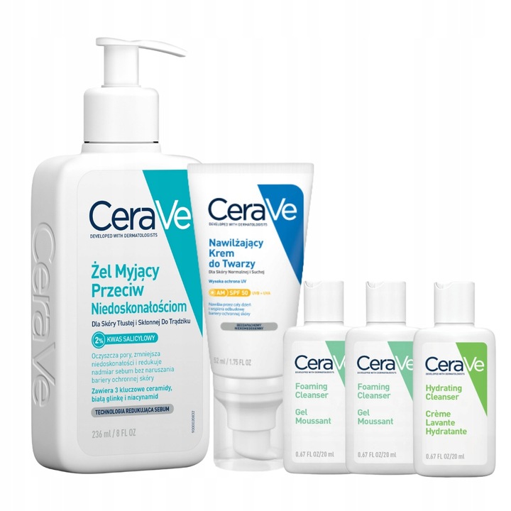 CeraVe Nawilżający Krem do Twarzy SPF 50 52ml, Żel Myjący 236 ml + prezent