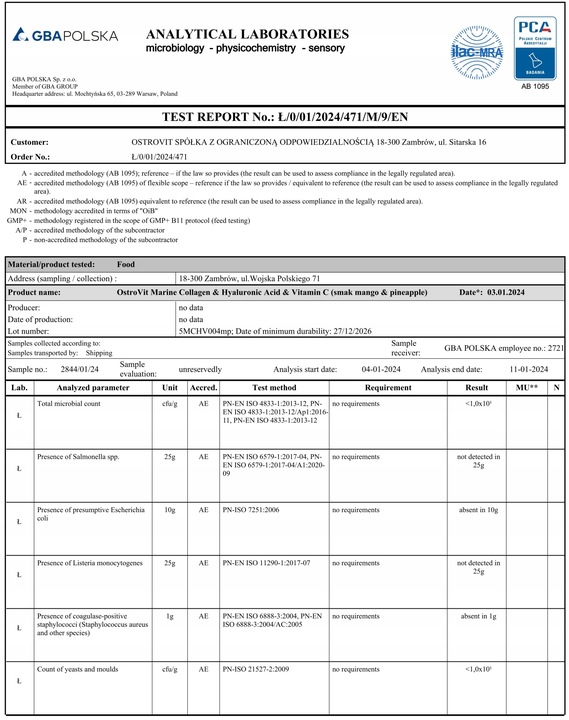 OstroVit Kolagen Morski RYBI TYP I Kwas Hialuronowy Witamina C 500 g