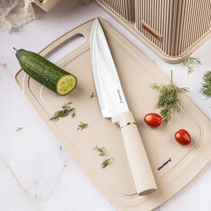 Komplet 5 Noży + Zestaw 5 przyborów kuchennych + deska do krojenia + Stojak