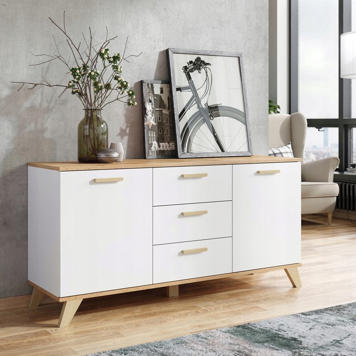Komoda Szafka BIAŁY MAT Pojemna Dąb Wotan Szuflady Drzwi Salon 120cm